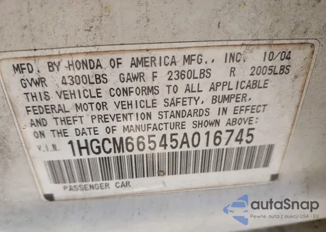 2005 Honda Accord 3.0 Ex from USA, damaged, VIN 1HGCM66545A016745